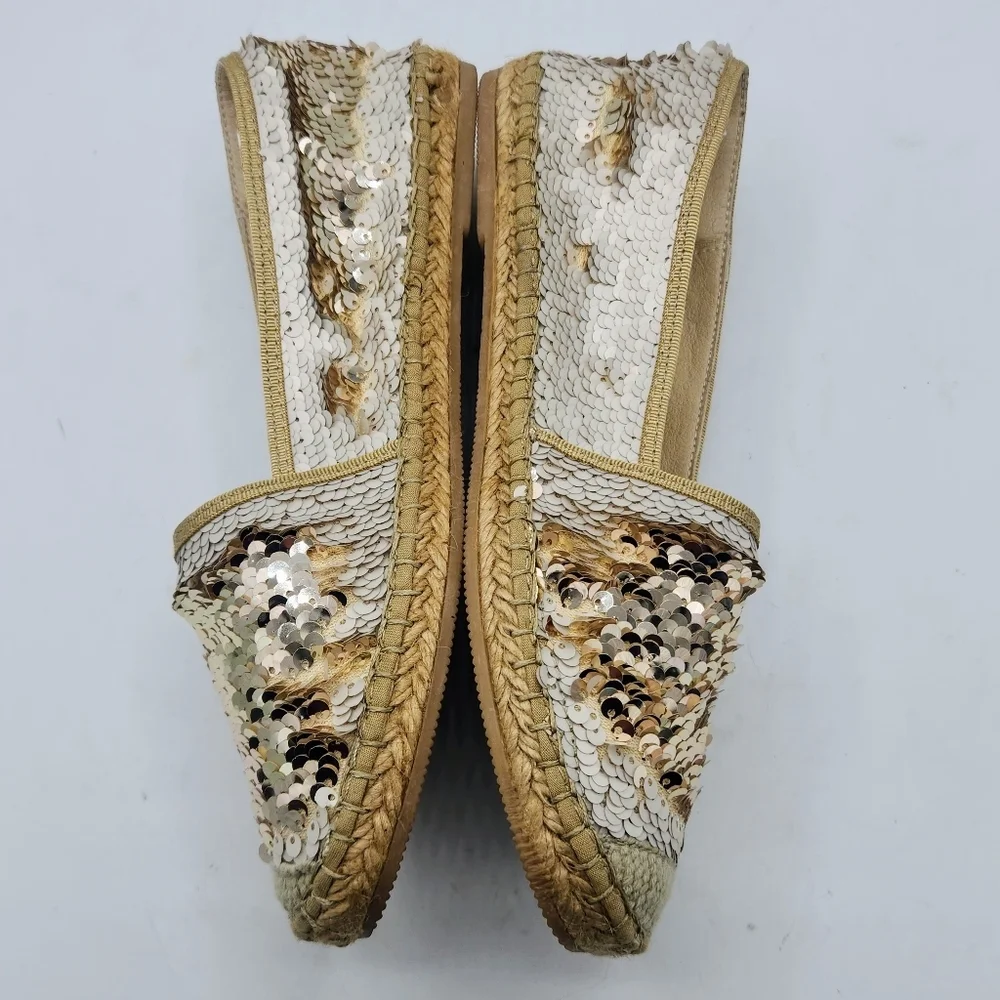 ANDREW STEVENS Chiara Leather Sequins Espadrilles Flats Gold And Cream 37 / 6.5